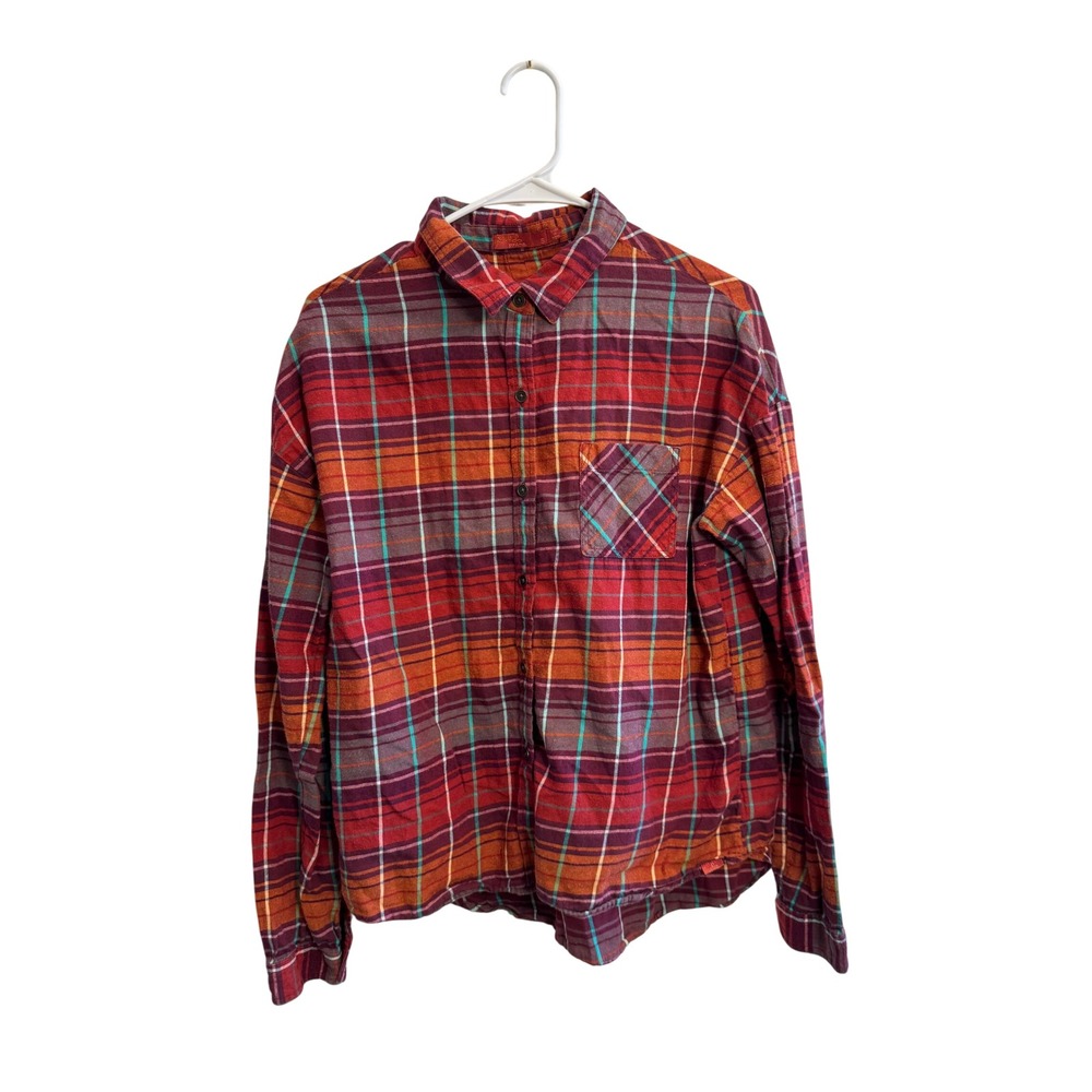 prAna Women's Organic Cotton Plaid Flannel Button Down Shirt Red Orange Small